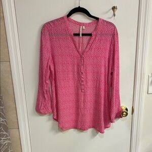 grand & greene Pink Printed V-Neck Button Placket Blouse Sz L